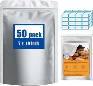 50 mylar bags for food storage, mylar bags 1 quart 7"x10"- thick 10 mil, stand-up vacuum sealing sealable and ziplock resealable bags - odor free heat resistant, airtight food storage foil bags