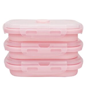 ccyanzi 3piece collapsible food storage containers with lids, silicone lunch container, microwave & freezer safe, space saving for kitchen cabinet and camping backpack,(pink)
