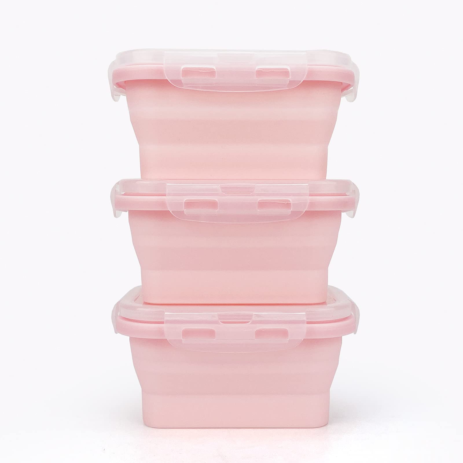 CCyanzi 3piece Collapsible Food Storage Containers with Lids, Silicone Lunch Container, Microwave & Freezer Safe, Space Saving for Kitchen Cabinet and Camping Backpack,(pink)