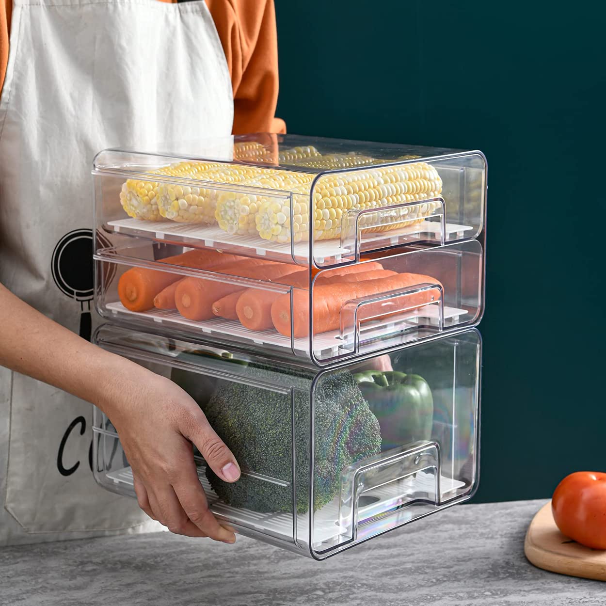 Qielie 2 PCS Stackable Food Container Fruite Drawer for Refrigerator Vegetable Storage Box