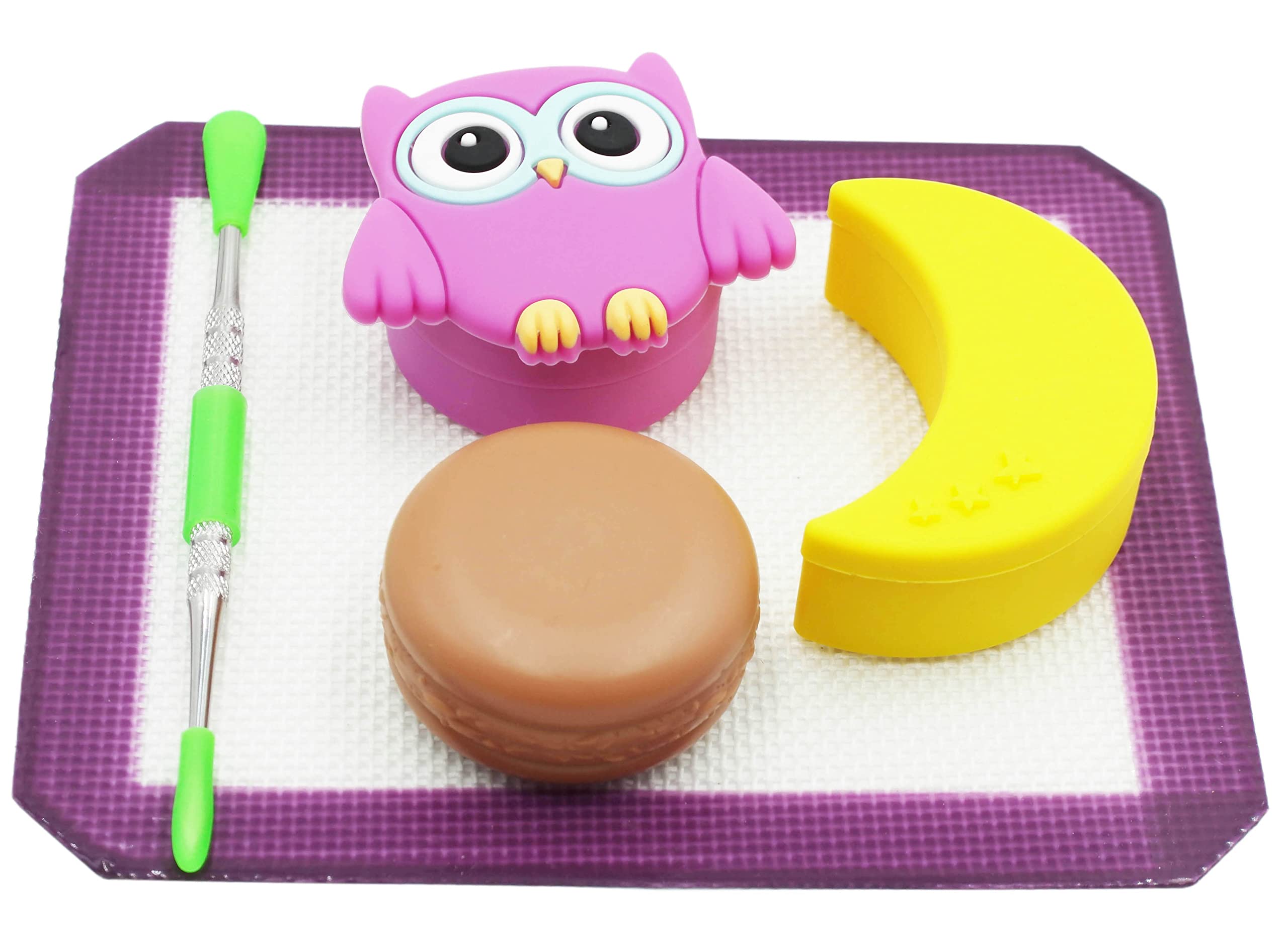 Pearwell Silicone Wax Containers 7ml 11ml 12ml Owl Moon Concentrate Jars with 5.9"×4.9" Purple Mat and 4.8“ Carving Tool