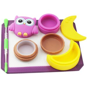 Pearwell Silicone Wax Containers 7ml 11ml 12ml Owl Moon Concentrate Jars with 5.9"×4.9" Purple Mat and 4.8“ Carving Tool