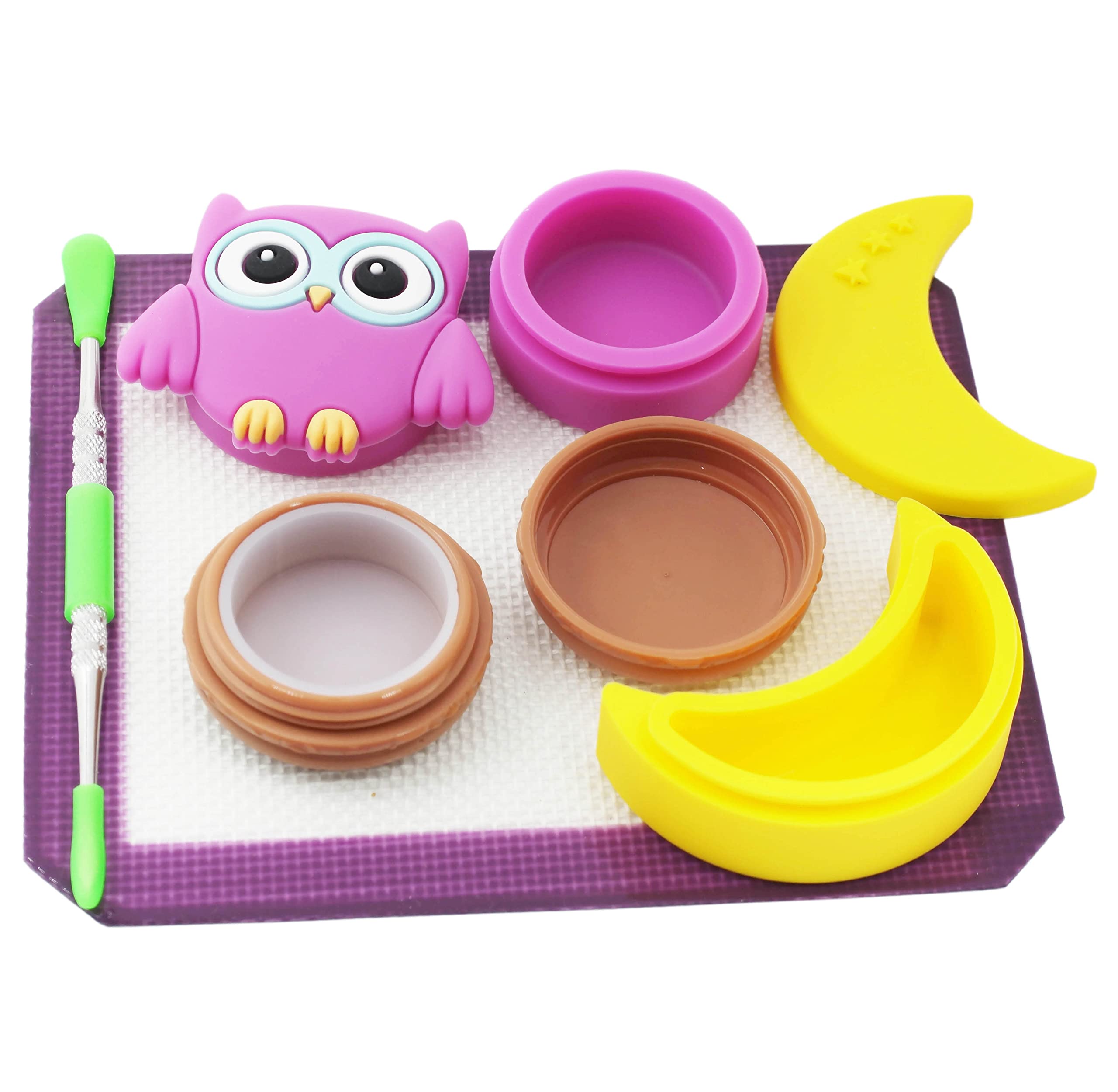 Pearwell Silicone Wax Containers 7ml 11ml 12ml Owl Moon Concentrate Jars with 5.9"×4.9" Purple Mat and 4.8“ Carving Tool