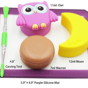 Pearwell Silicone Wax Containers 7ml 11ml 12ml Owl Moon Concentrate Jars with 5.9"×4.9" Purple Mat and 4.8“ Carving Tool