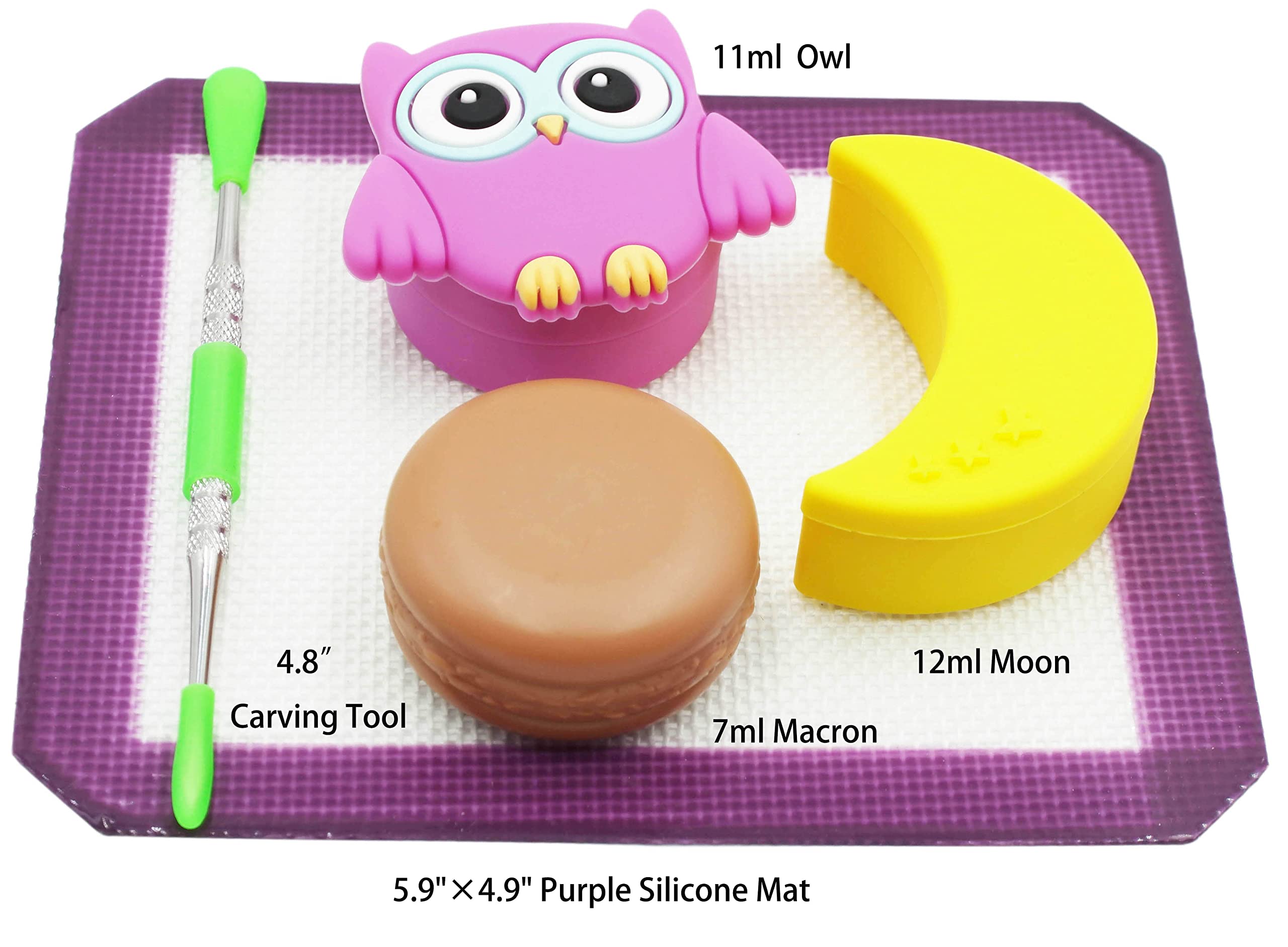 Pearwell Silicone Wax Containers 7ml 11ml 12ml Owl Moon Concentrate Jars with 5.9"×4.9" Purple Mat and 4.8“ Carving Tool