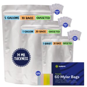 opalpros 60 pcs gusseted 14 mil mylar bags for food storage with oxygen absorbers - 5 gallon (10), 1 gallon (20), quart (30), with 2500cc, 500cc & 300cc oa resealable mylar bags + colorful labels