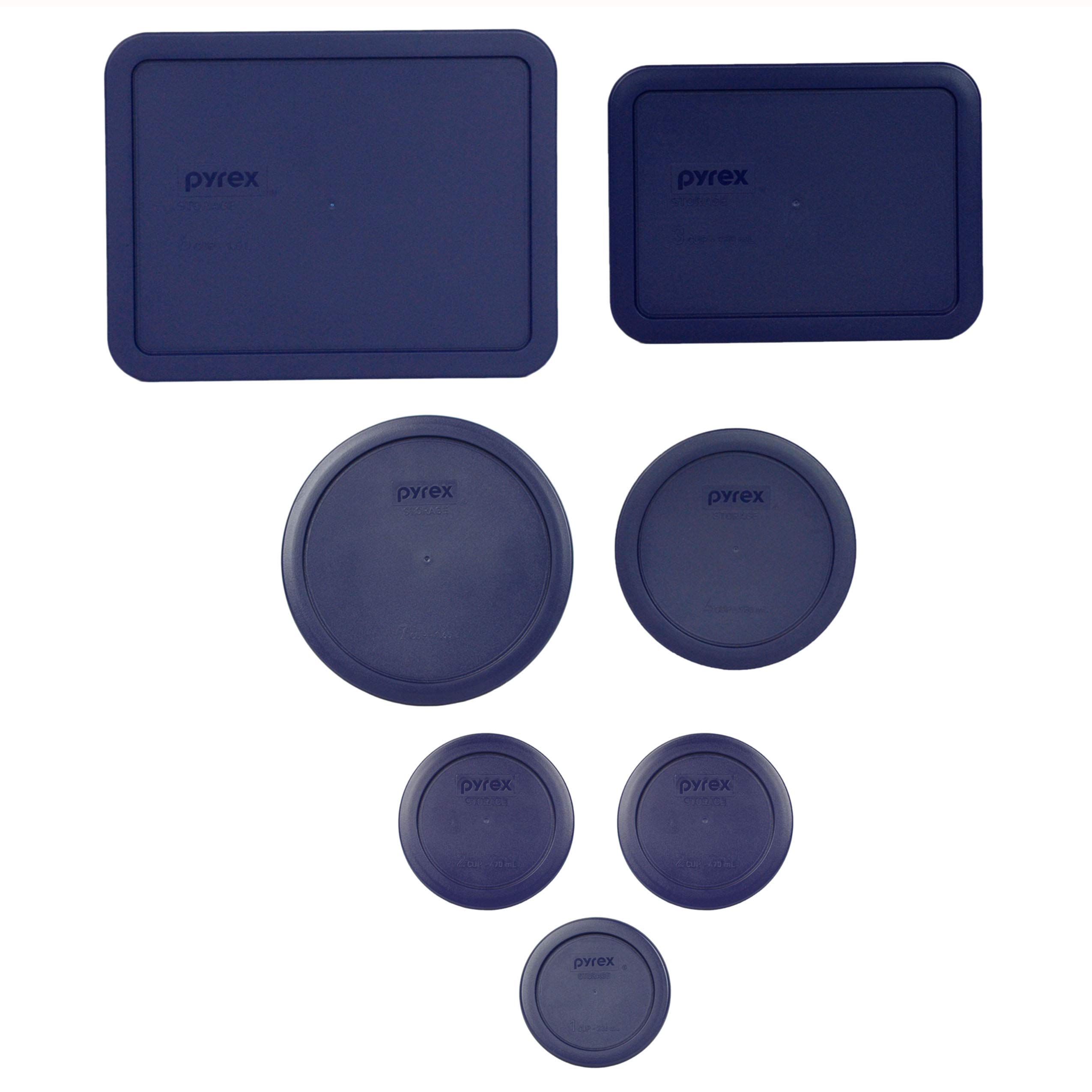 Pyrex Blue (1) 7211-PC, (1) 7210-PC, (1) 7402-PC, (1) 7201-PC, (2) 7200-PC, & (1) 7202-PC Plastic Replacement Food Storage Lids, Made in the USA