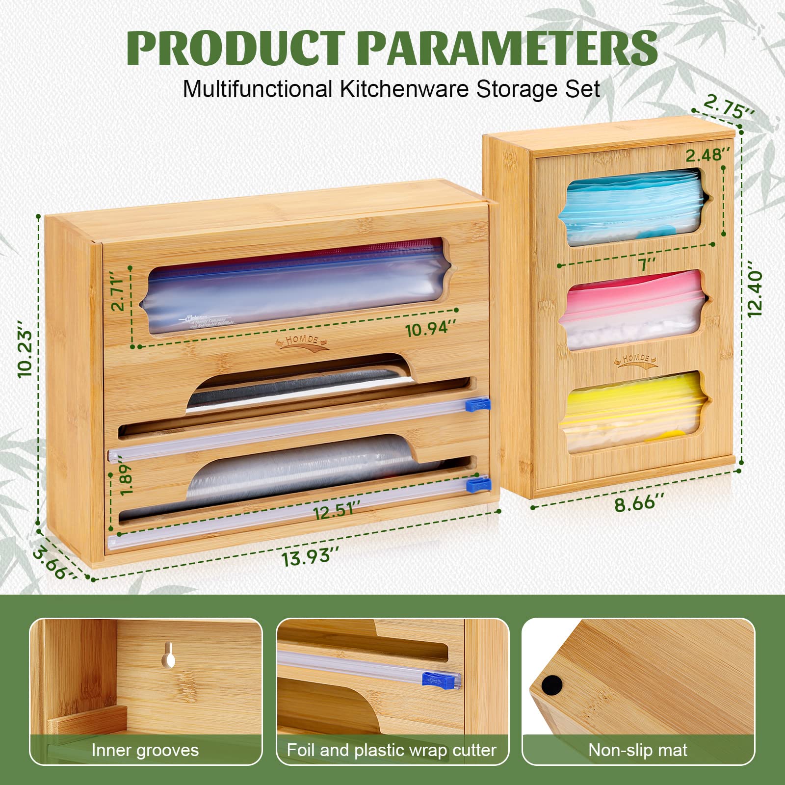 Homde Ziplock Bag Organizer Bamboo, Foil and Plastic Wrap Organizer with Cutter for Kitchen Drawer, Plastic Bag Storage for Gallon,Quart,Sandwich,Snack