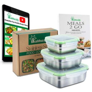 healthwayz stainless steel food containers set of 3 stackable lunch boxes sandwich salad containers for kids adults kitchen storage leak proof bpa-free eco friendly bonus recipe ebook & videos