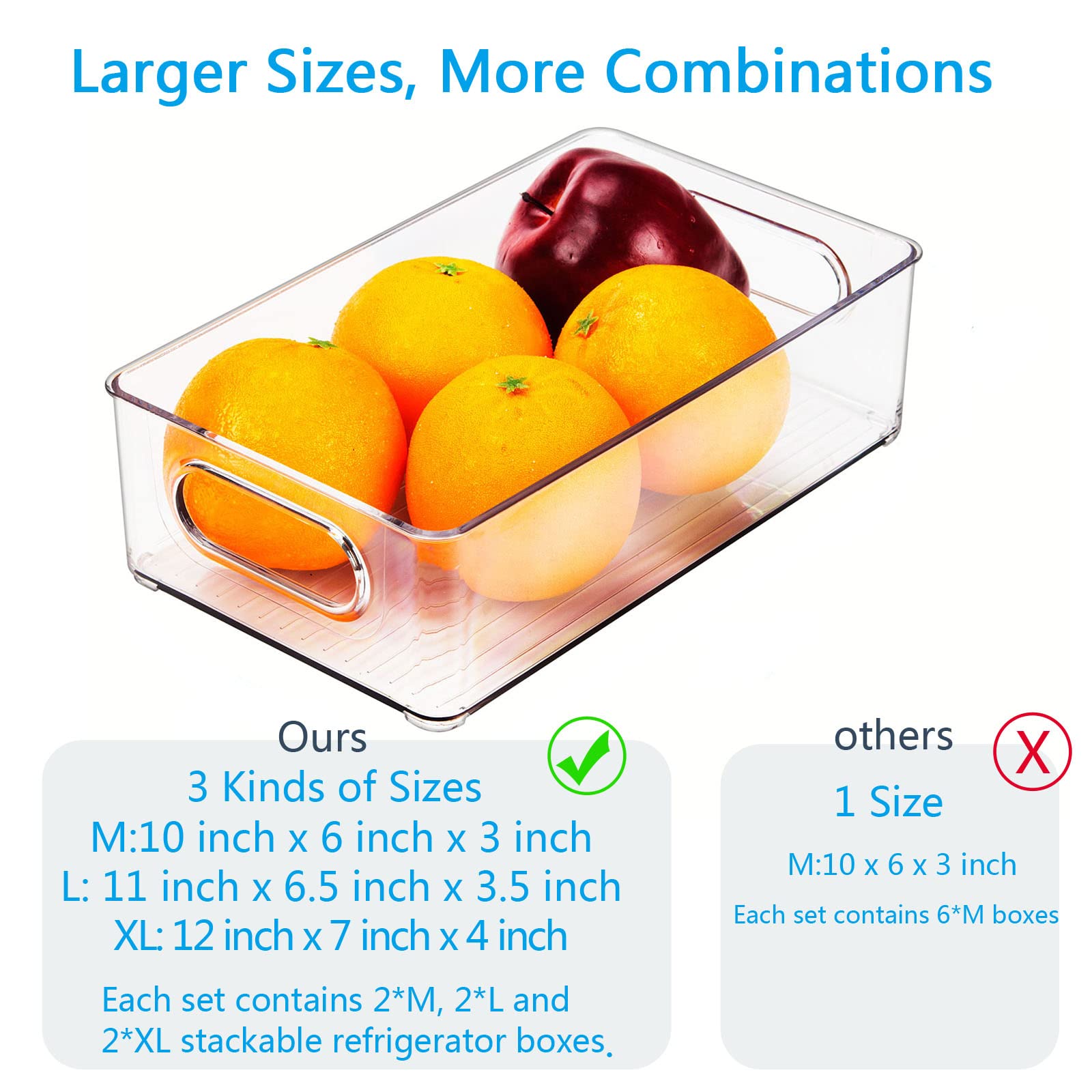 Eco Moda Set Of 6 Refrigerator Organizer Bins - 3 Sizes Stackable Plastic Clear Food Storage Bin