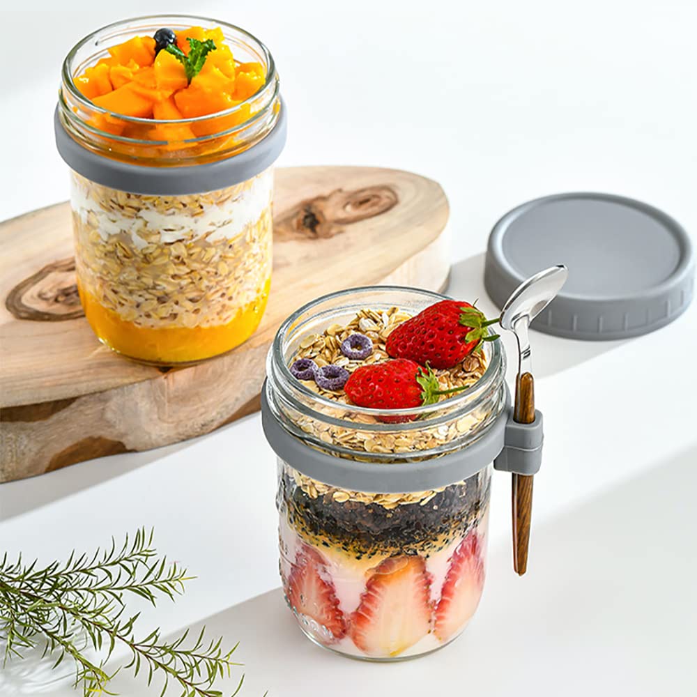 4 Pack Overnight Oats Container with Lid and Spoon,10 oz Large Capacity Airtight Oatmeal Container,Salad Cup,Glass Mason for Cereal Yogurt Milk Fruit