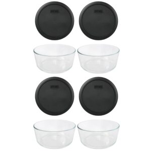 pyrex (4) 7203 glass bowls & (4) pyrex 7402-pc black lids made in the usa