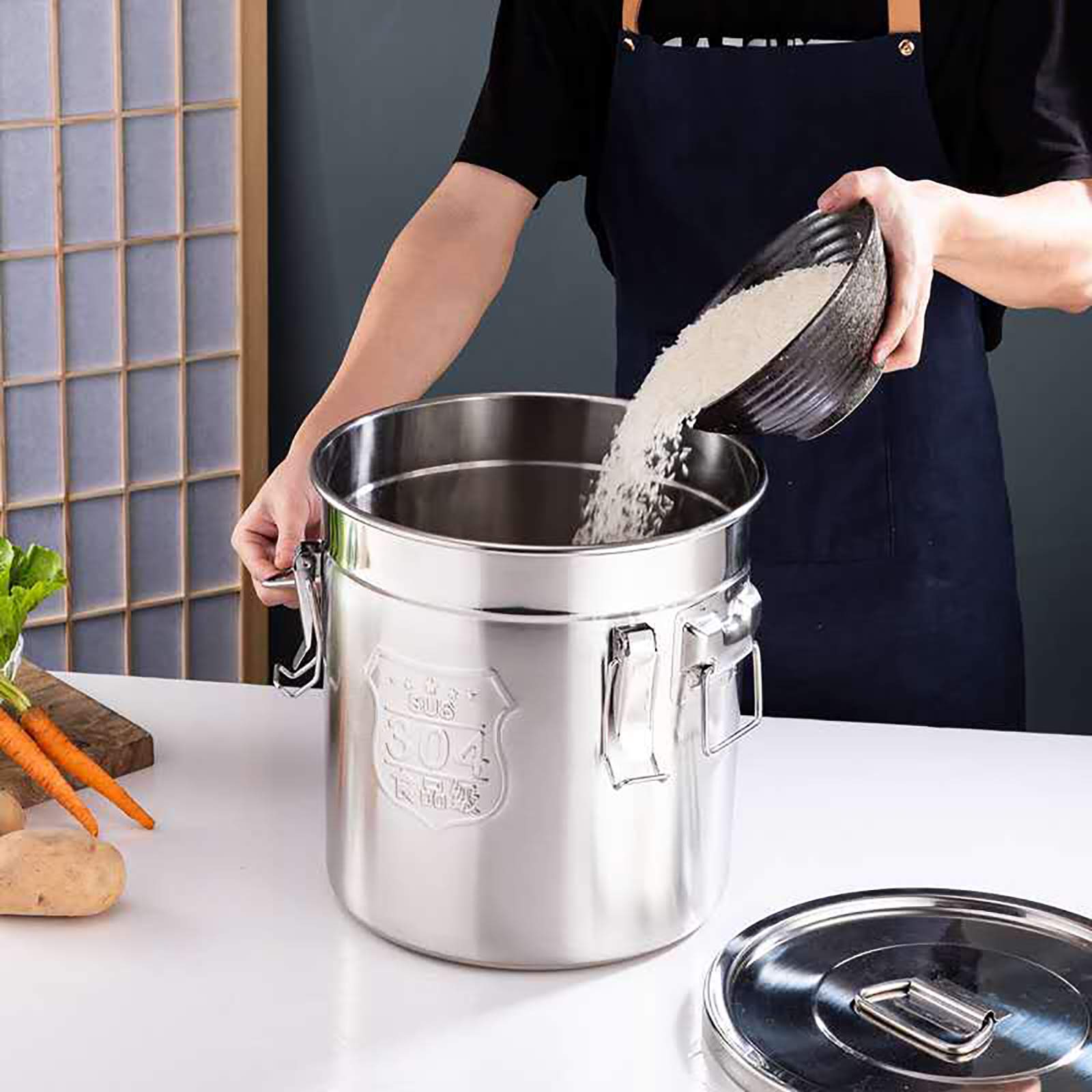 304 Stainless Steel Airtight Canister for Kitchen, Rice Cereal Grain Canisters Container, Metal Kitchen Rice Oil Storage Bucket for Household Kitchen Food w/Handles+Lid (Silver-12L)