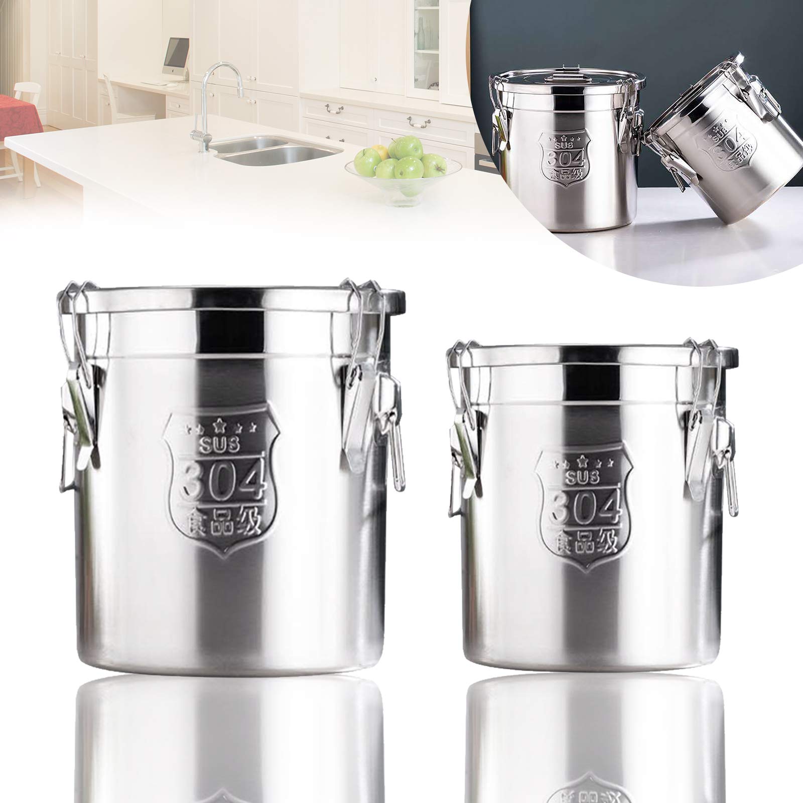304 Stainless Steel Airtight Canister for Kitchen, Rice Cereal Grain Canisters Container, Metal Kitchen Rice Oil Storage Bucket for Household Kitchen Food w/Handles+Lid (Silver-12L)