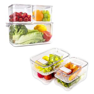 elabo food storage containers fridge produce saver- stackable refrigerator organizer keeper drawers bins baskets with lids and removable drain tray for veggie, berry and fruits