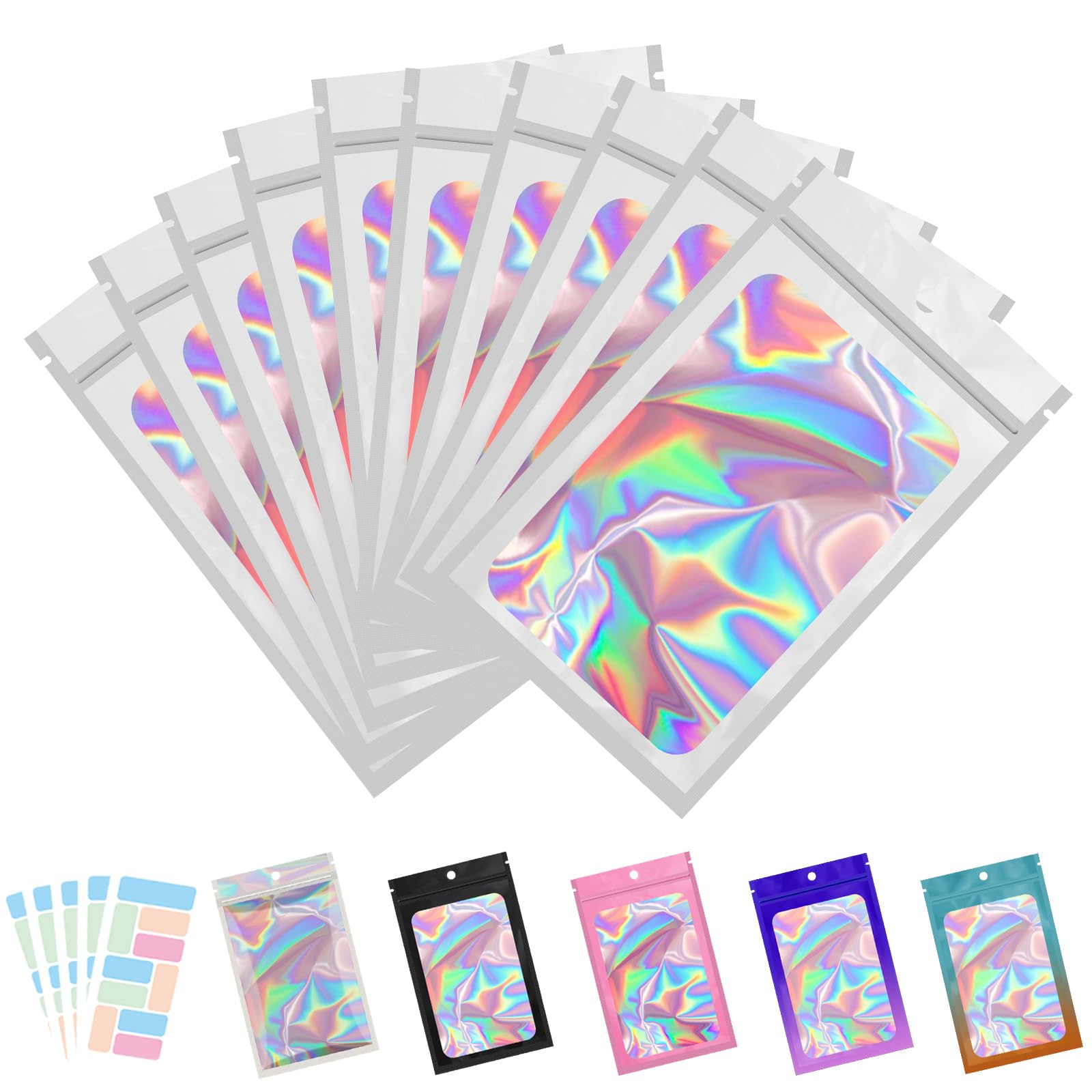 100 Pack Holographic Bag with Front Window Resealable Bags for Small Business Candy Bags Sealable Mylar Bags for Food Storage with 100 Color Labels(White,5x7 Inch)