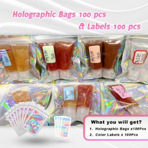 100 Pack Holographic Bag with Front Window Resealable Bags for Small Business Candy Bags Sealable Mylar Bags for Food Storage with 100 Color Labels(White,5x7 Inch)