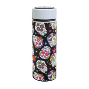 zzkko sugar skull vacuum insulated stainless steel water bottle, day of the dead thermos cup water bottle travel mug bpa free double walled 17 oz for outdoor sports camping hiking cycling