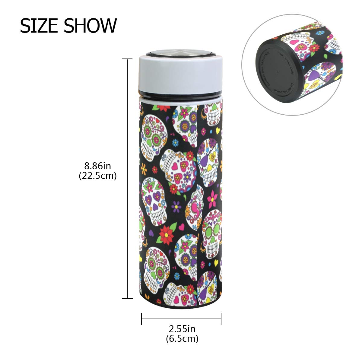 ZZKKO Sugar Skull Vacuum Insulated Stainless Steel Water Bottle, Day of the Dead Thermos Cup Water Bottle Travel Mug BPA Free Double Walled 17 OZ for Outdoor Sports Camping Hiking Cycling