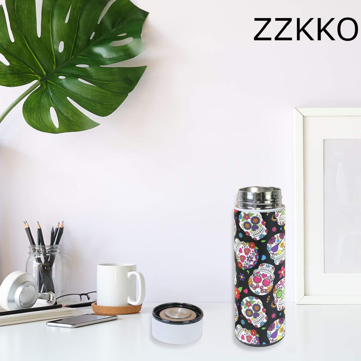 ZZKKO Sugar Skull Vacuum Insulated Stainless Steel Water Bottle, Day of the Dead Thermos Cup Water Bottle Travel Mug BPA Free Double Walled 17 OZ for Outdoor Sports Camping Hiking Cycling