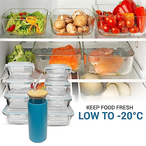 16 Piece Airtight Food Containers + 1 Glass Tumbler -Includes a Wooden Lid, Glass Straw, Cleaning Utensil, Lids Leakproof Microwave Oven Freezer Dishwasher Safe Containers Borosilicate Glass Set