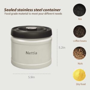 NETTIA Coffee canister 37OZ,Large Capacity Sealed Stainless Steel Food Container, Pressing to extract air type,Beige, 5.2" x 5.9"