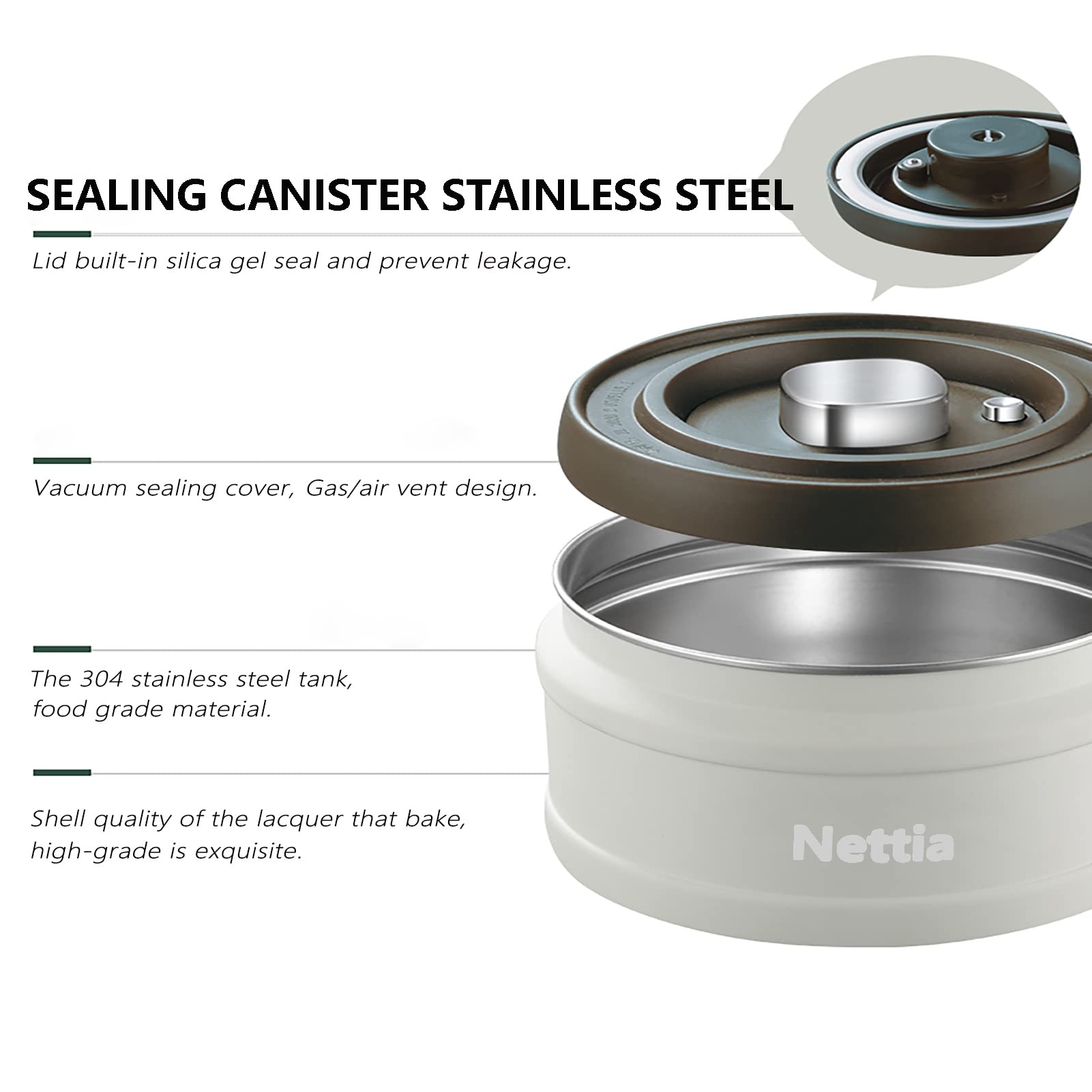 NETTIA Coffee canister 37OZ,Large Capacity Sealed Stainless Steel Food Container, Pressing to extract air type,Beige, 5.2" x 5.9"