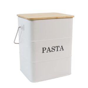gdfjiy spaghetti canister, white metal pasta storage container with sealed bamboo lid & portable handle, pasta keeper spaghetti containers storage for pantry organization
