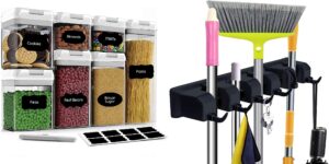 cineyo 7 pc's airtight food storage container & mop and broom holder wall mount (black)