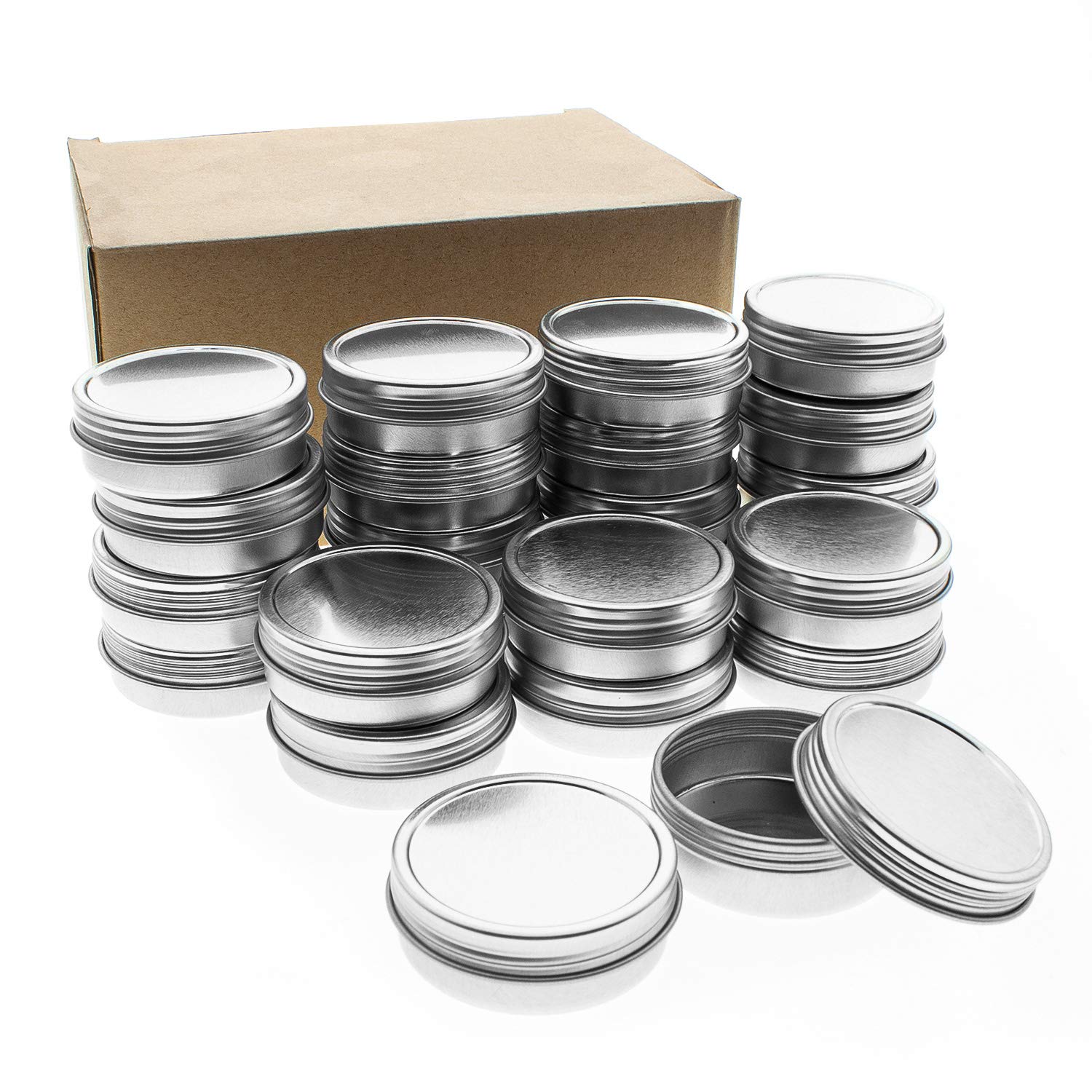 Mimi Pack 2 oz Silver Tins 24 Pack of Shallow Screw Top Round Tin Containers with Lids for Cosmetics, Party Favors, Gifts