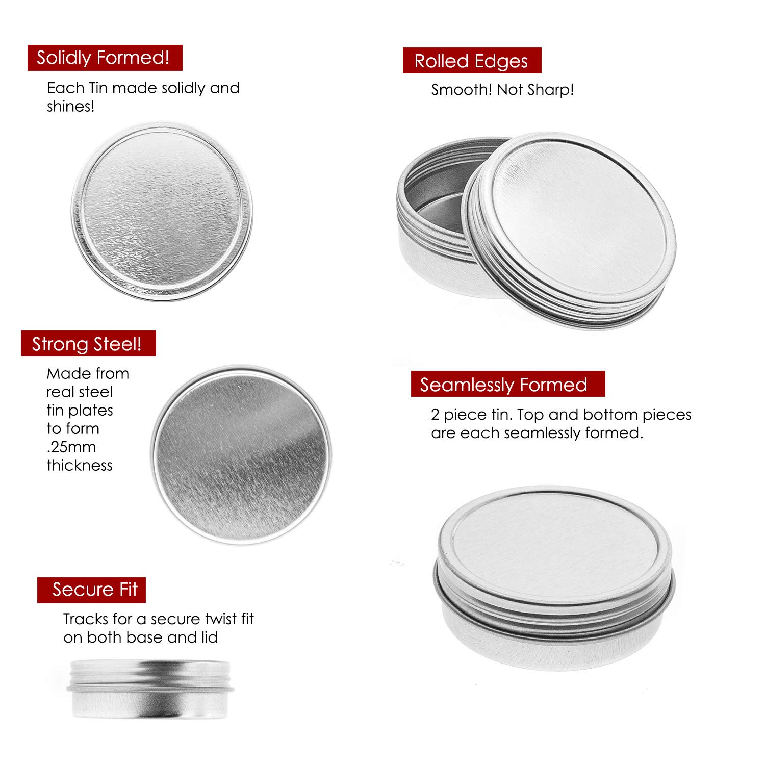 Mimi Pack 2 oz Silver Tins 24 Pack of Shallow Screw Top Round Tin Containers with Lids for Cosmetics, Party Favors, Gifts