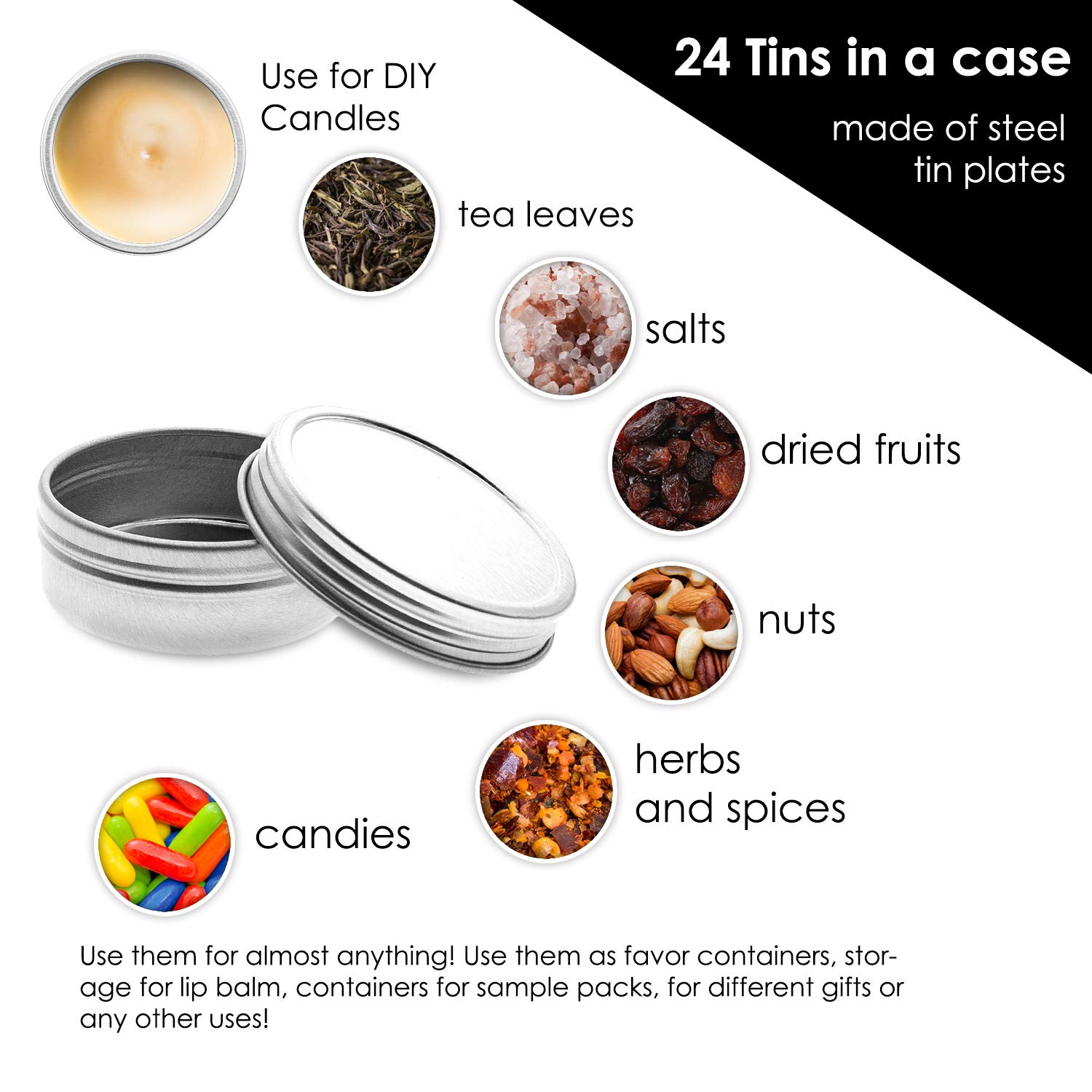 Mimi Pack 2 oz Silver Tins 24 Pack of Shallow Screw Top Round Tin Containers with Lids for Cosmetics, Party Favors, Gifts