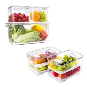 elabo food storage containers fridge produce saver- stackable refrigerator organizer keeper drawers bins baskets with lids and removable drain tray for veggie, berry and fruits