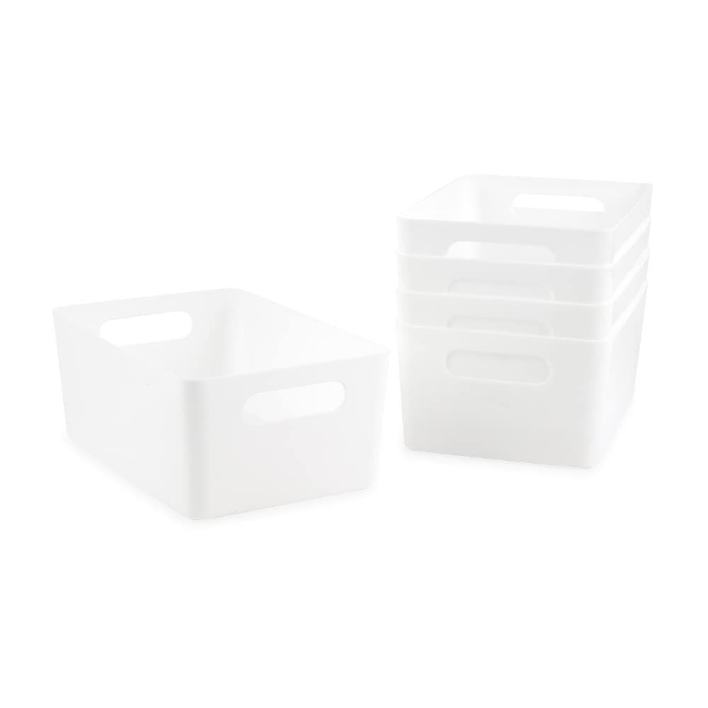 Isaac Jacobs 5-Pack Medium White Storage Bin (9.5” x 6.5”x 4”) Set w/ Cut-Out Handles, Plastic Organizer, Multi-Use, Home, Office, Pantry, Closet, Kitchen