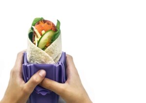purple wrap'd reusable silicone lunch burrito flatbread wrap holder container alternative to beeswax wraps cling wrap