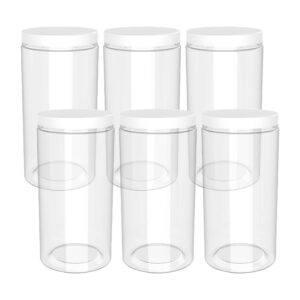 holevifo 48oz (1420 ml, 6 pack) clear tall plastic jars with smooth white lids and labels, cylindrical food storage bpa free pet quart size canisters for home & kitchen pantry organization and storage