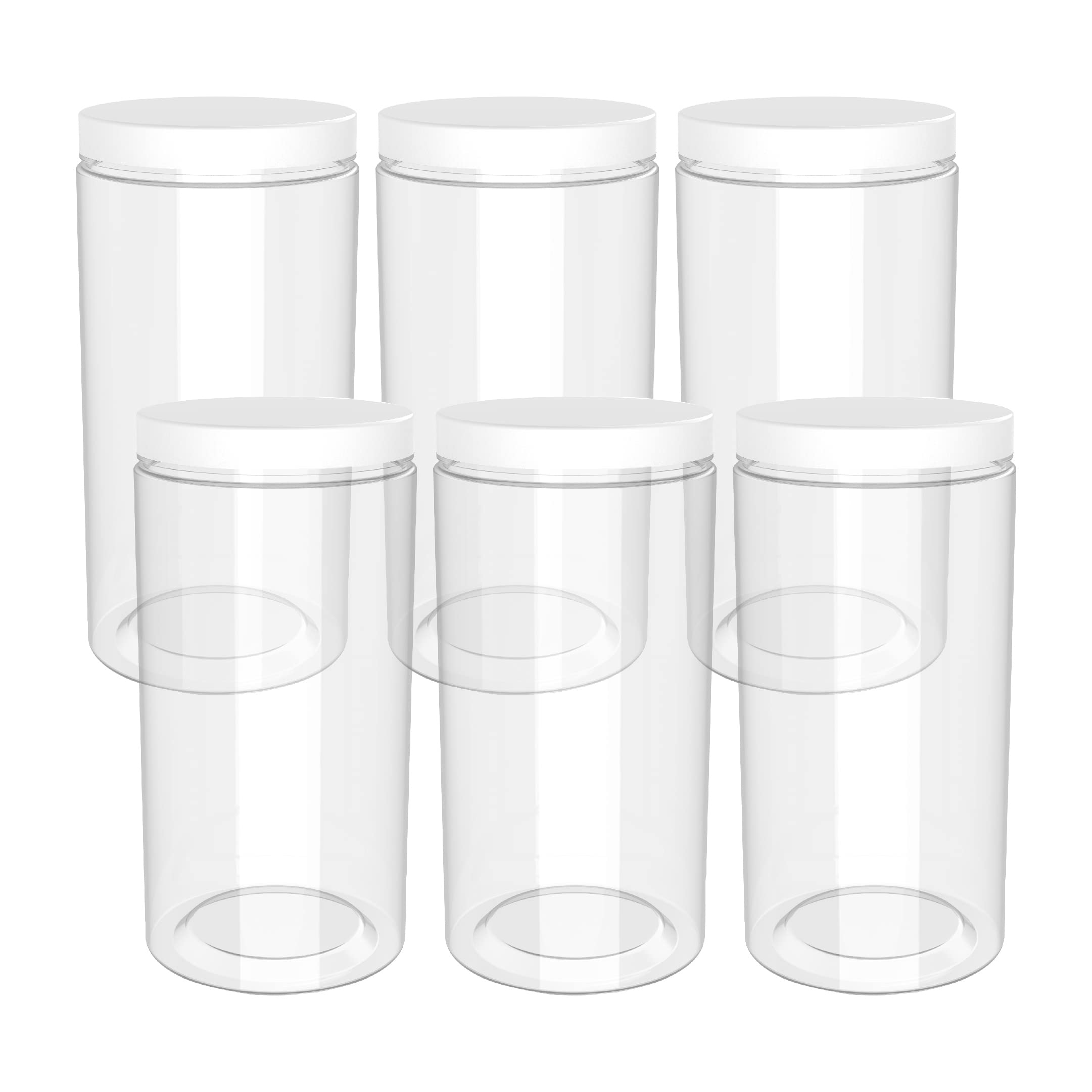 HoleviFO 48oz (1420 ml, 6 Pack) Clear Tall Plastic Jars with Smooth White Lids and Labels, Cylindrical Food Storage BPA Free PET Quart Size Canisters for Home & Kitchen Pantry Organization and Storage