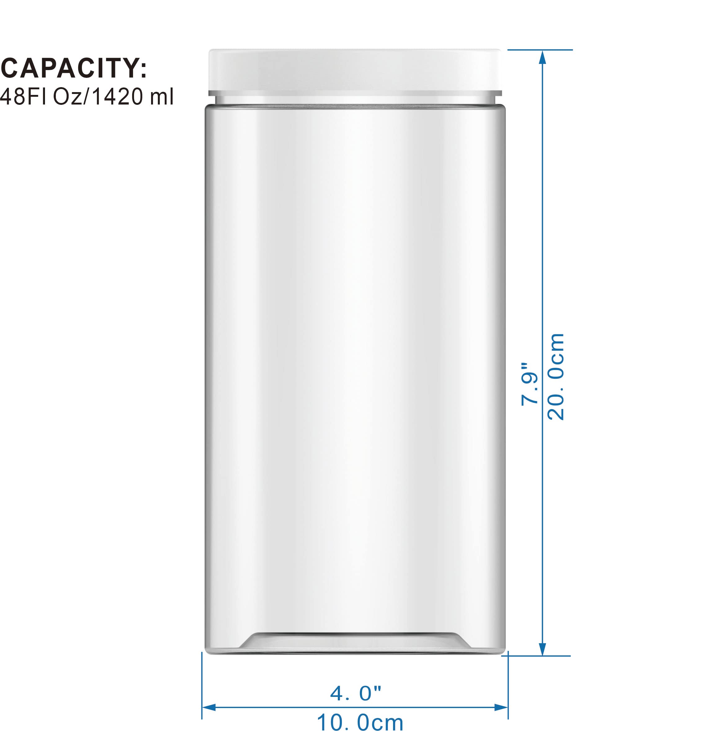 HoleviFO 48oz (1420 ml, 6 Pack) Clear Tall Plastic Jars with Smooth White Lids and Labels, Cylindrical Food Storage BPA Free PET Quart Size Canisters for Home & Kitchen Pantry Organization and Storage