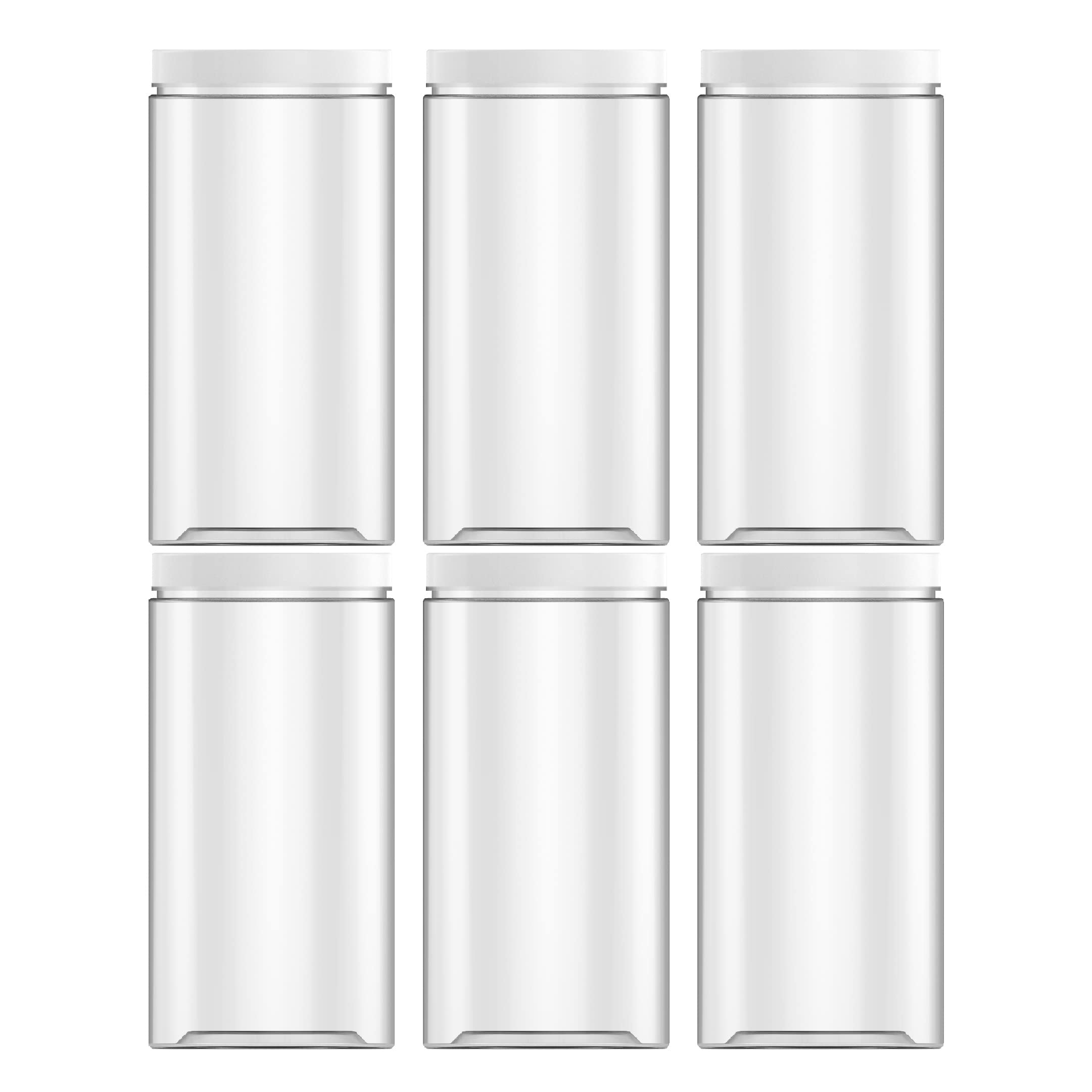 HoleviFO 48oz (1420 ml, 6 Pack) Clear Tall Plastic Jars with Smooth White Lids and Labels, Cylindrical Food Storage BPA Free PET Quart Size Canisters for Home & Kitchen Pantry Organization and Storage