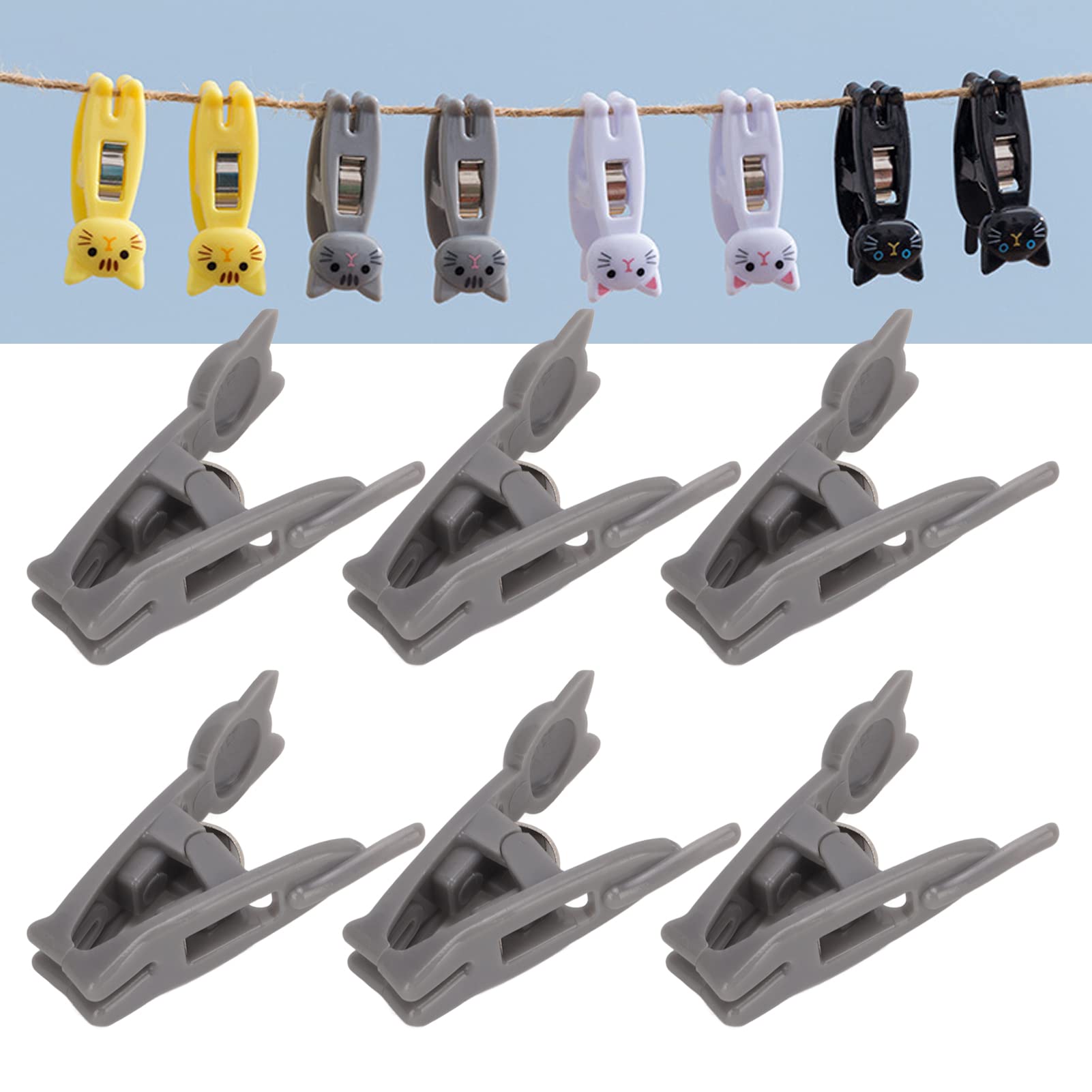 6Pcs Cat Shaped Bag Clips, Small Cat Chip Clips, Paper Clamp, Clothespin Chip Food Storage Bag Seal Clamp, Mini Multipurpose Clips Food Sealer(Gray)