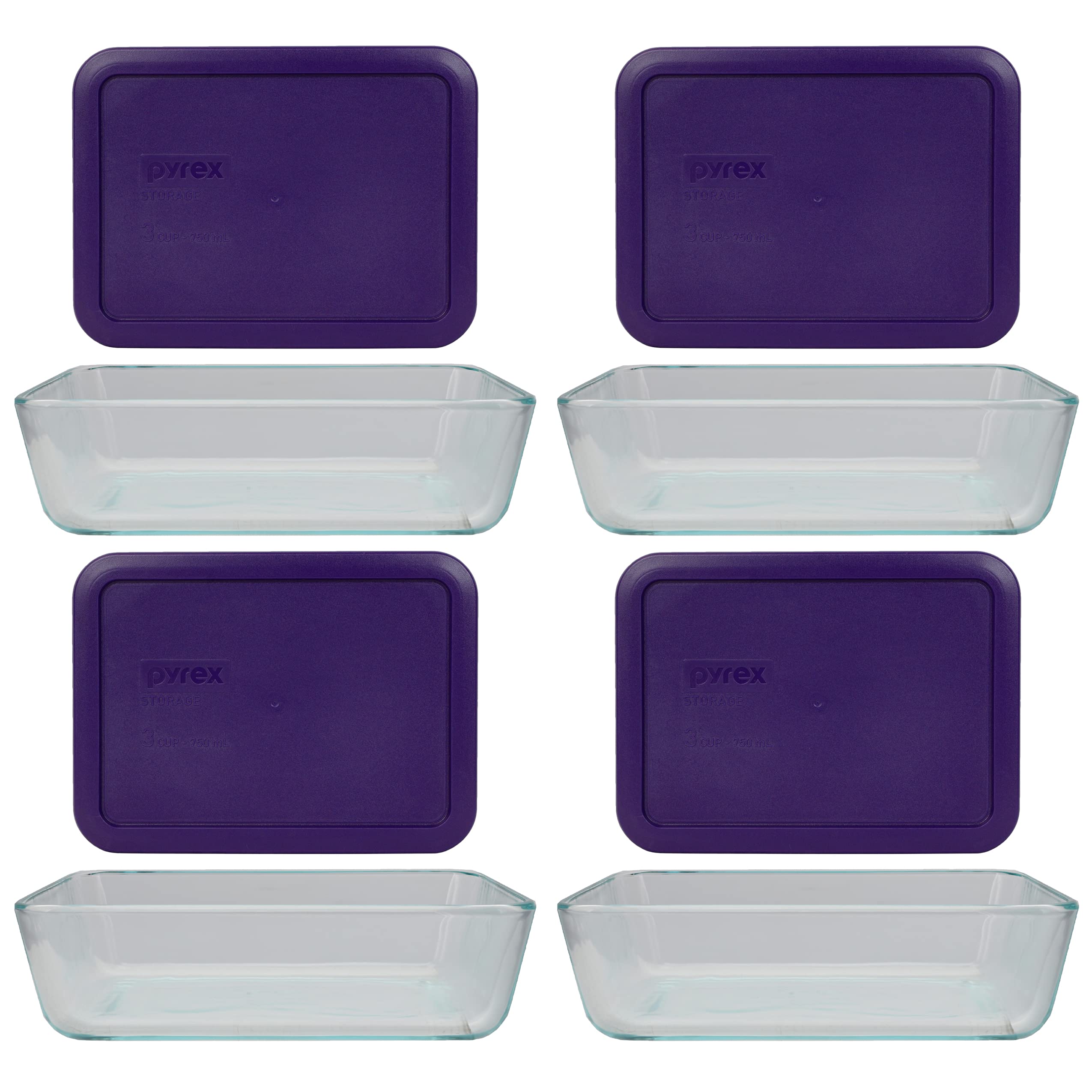 Pyrex (4 7210 Glass Dishes & (4) 7210-PC Plum Purple Lids Made in the USA