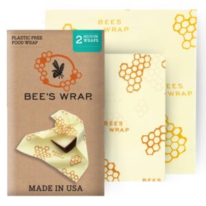 bee's wrap reusable beeswax food wraps made in the usa, eco friendly beeswax wraps for food, sustainable food storage containers, organic cotton food wraps, assorted 2 pack (s, m), honeycomb pattern