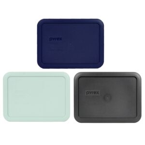 pyrex 7210-pc 3 cup (1) blue (1) muddy aqua (1) charcoal grey rectangle plastic lids