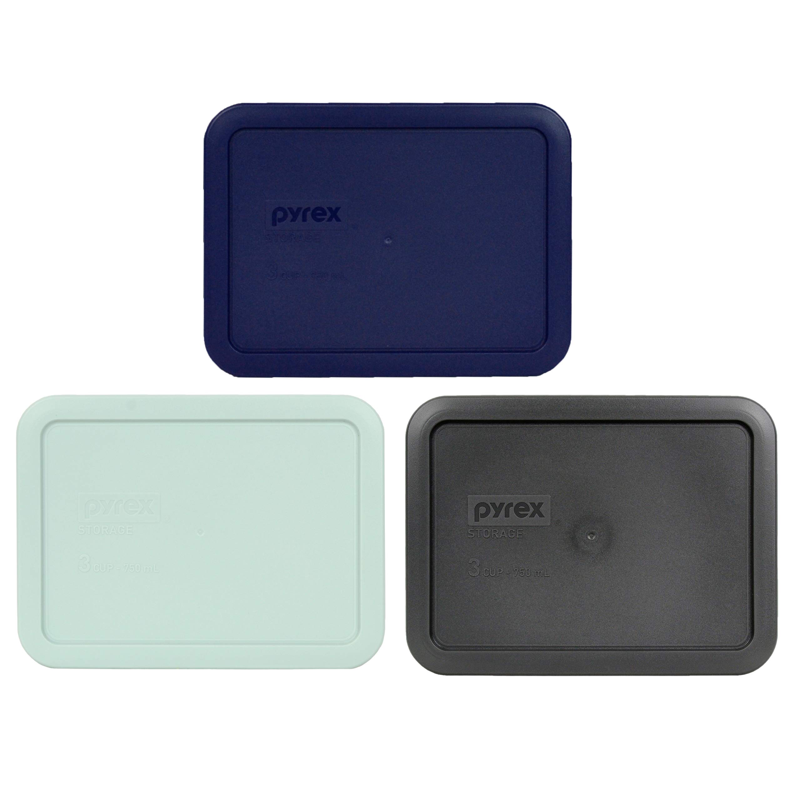 Pyrex 7210-PC 3 Cup (1) Blue (1) Muddy Aqua (1) Charcoal Grey Rectangle Plastic Lids