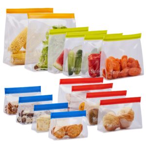 Airtight Reusable Food Storage Bags 14 Pack Clear StandUp BPAFree Reusable Ziplock Bags with a Leakproof Double Zipper Includes Gallon, Sandwich, Snack, and Quart Sizes Set of 14 Storage