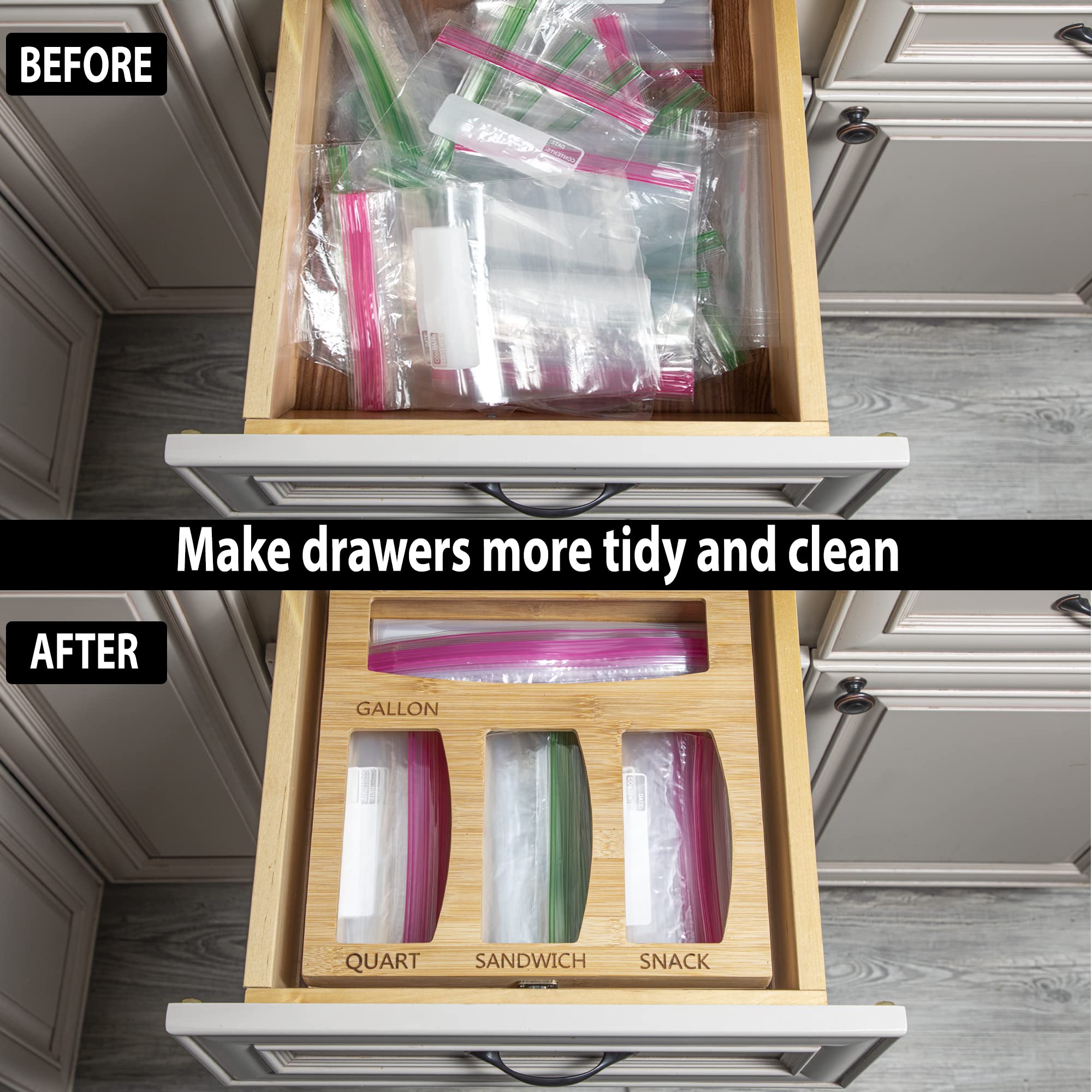 Ziploc Bag Organizers and Storage, Bamboo Wood Plastic Bag Holder for Kitchen Drawer, Compatible with Gallon, Quart, Snack, Sandwich, Pantry Organizer (4 in one), 12W 12L 3in