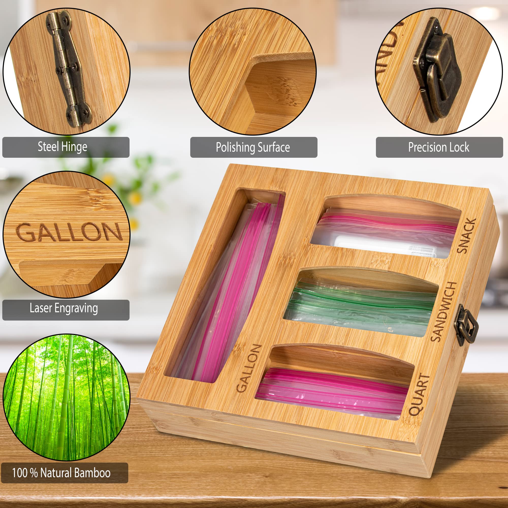 Ziploc Bag Organizers and Storage, Bamboo Wood Plastic Bag Holder for Kitchen Drawer, Compatible with Gallon, Quart, Snack, Sandwich, Pantry Organizer (4 in one), 12W 12L 3in