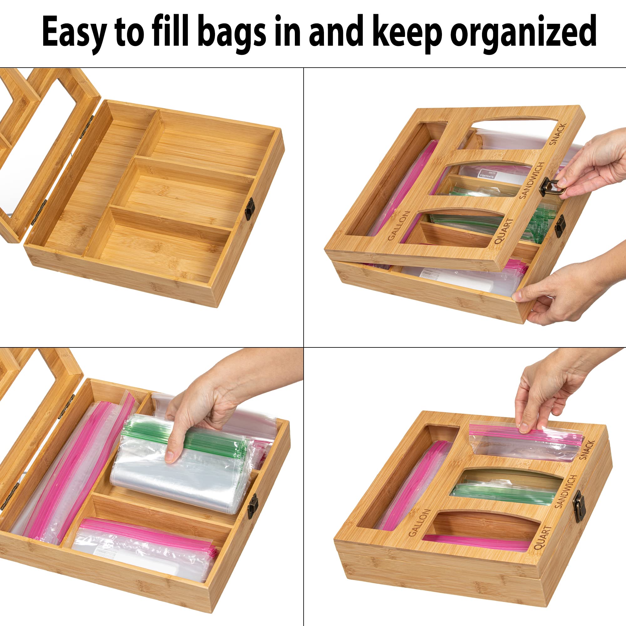 Ziploc Bag Organizers and Storage, Bamboo Wood Plastic Bag Holder for Kitchen Drawer, Compatible with Gallon, Quart, Snack, Sandwich, Pantry Organizer (4 in one), 12W 12L 3in