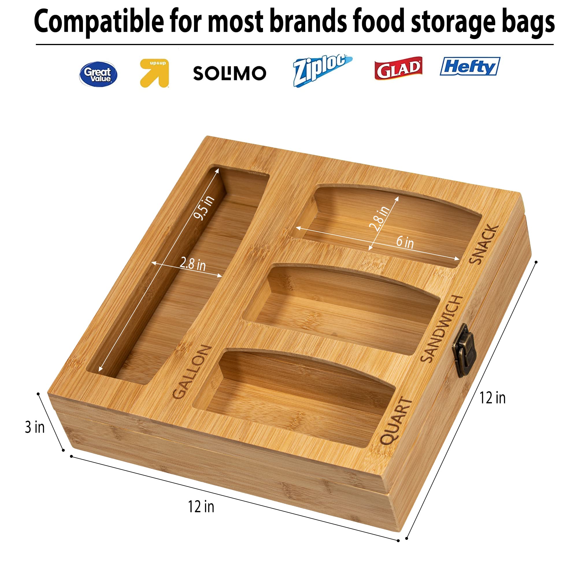 Ziploc Bag Organizers and Storage, Bamboo Wood Plastic Bag Holder for Kitchen Drawer, Compatible with Gallon, Quart, Snack, Sandwich, Pantry Organizer (4 in one), 12W 12L 3in