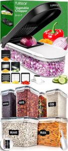 fullstar compact vegetable chopper and storage bins with lids, airtight food storage containers for kitchen & pantry organization. includes marker, pen & scoop (6 pack)